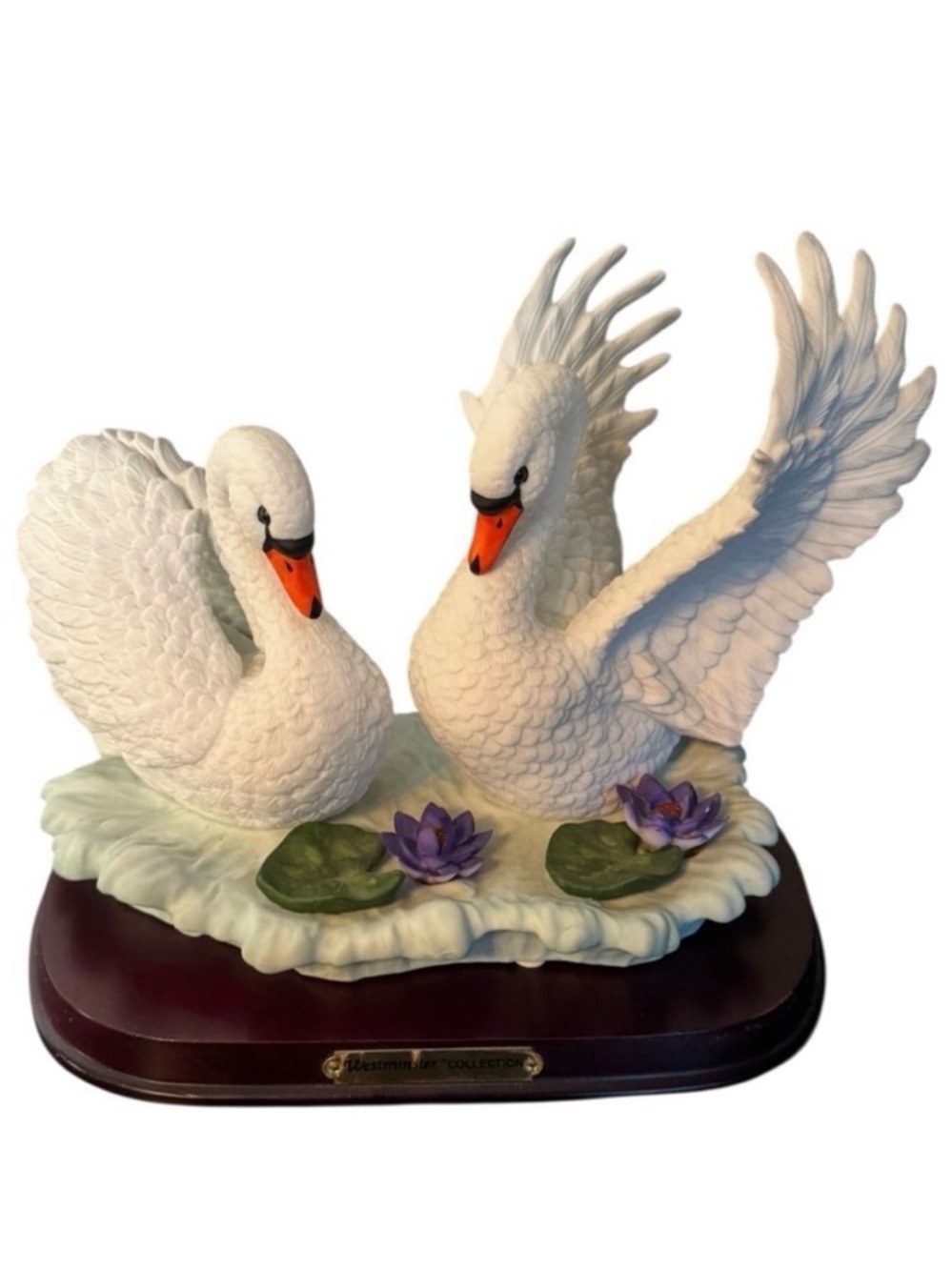 Westminster Collection White Handpainted Porcelain Swans Figurine and Stand